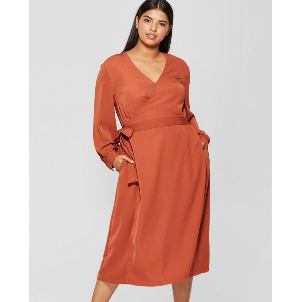 Terracotta Arabian Spice Rust Orange V-neck Long Balloon Sleeve Midi Wrap Dress